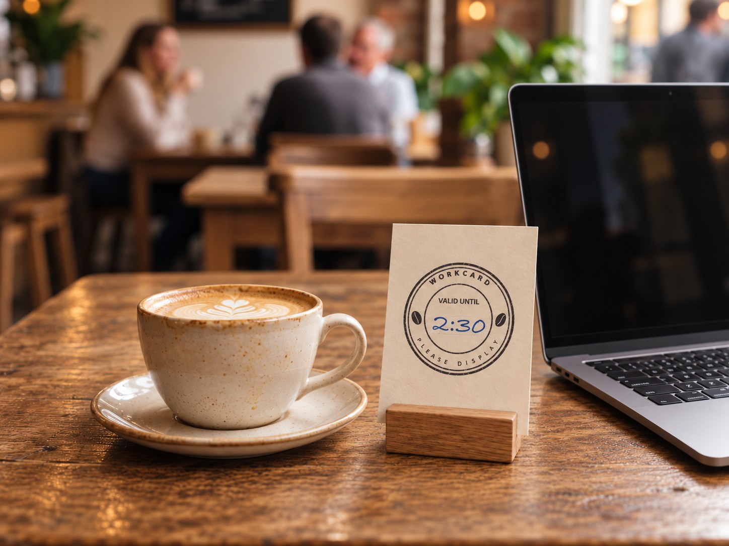A café table with a flat white in a speckled cup, a WorkCard reading Valid until 2:30 standing in a small wooden stand, and an open laptop beside it