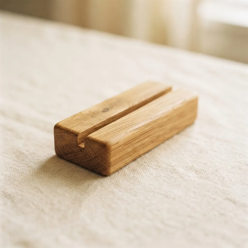 A small wooden card holder on cream linen
